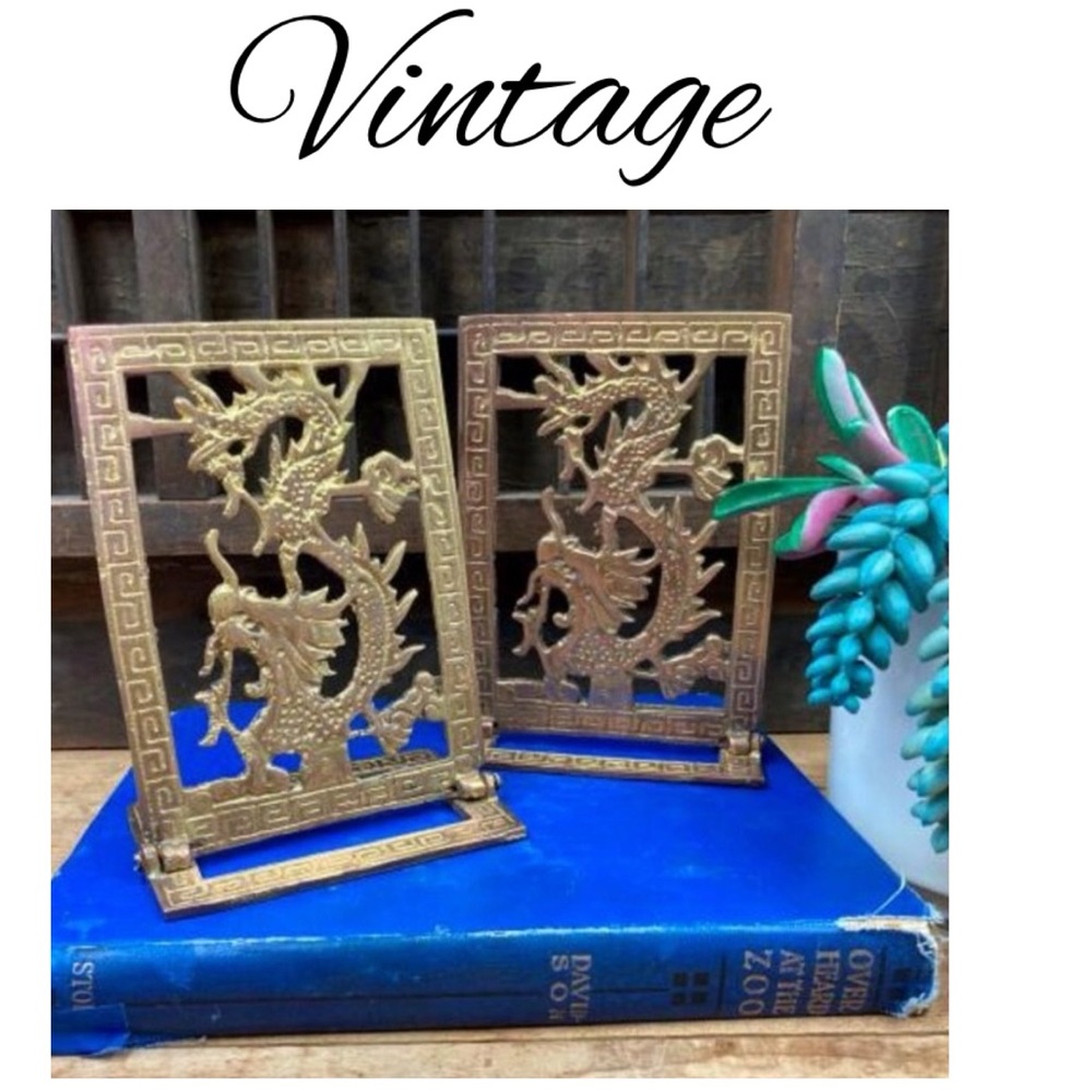 Vintage Chinese Dragon Brass Bookends Foldable Chinoiserie Decor Book Library